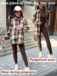 SHEIN Maternity Solid Ribbed Tank Jumpsuit + Plaid Shirt Jacket Two Pieces Set, Spring/Autumn - Brown - View 1