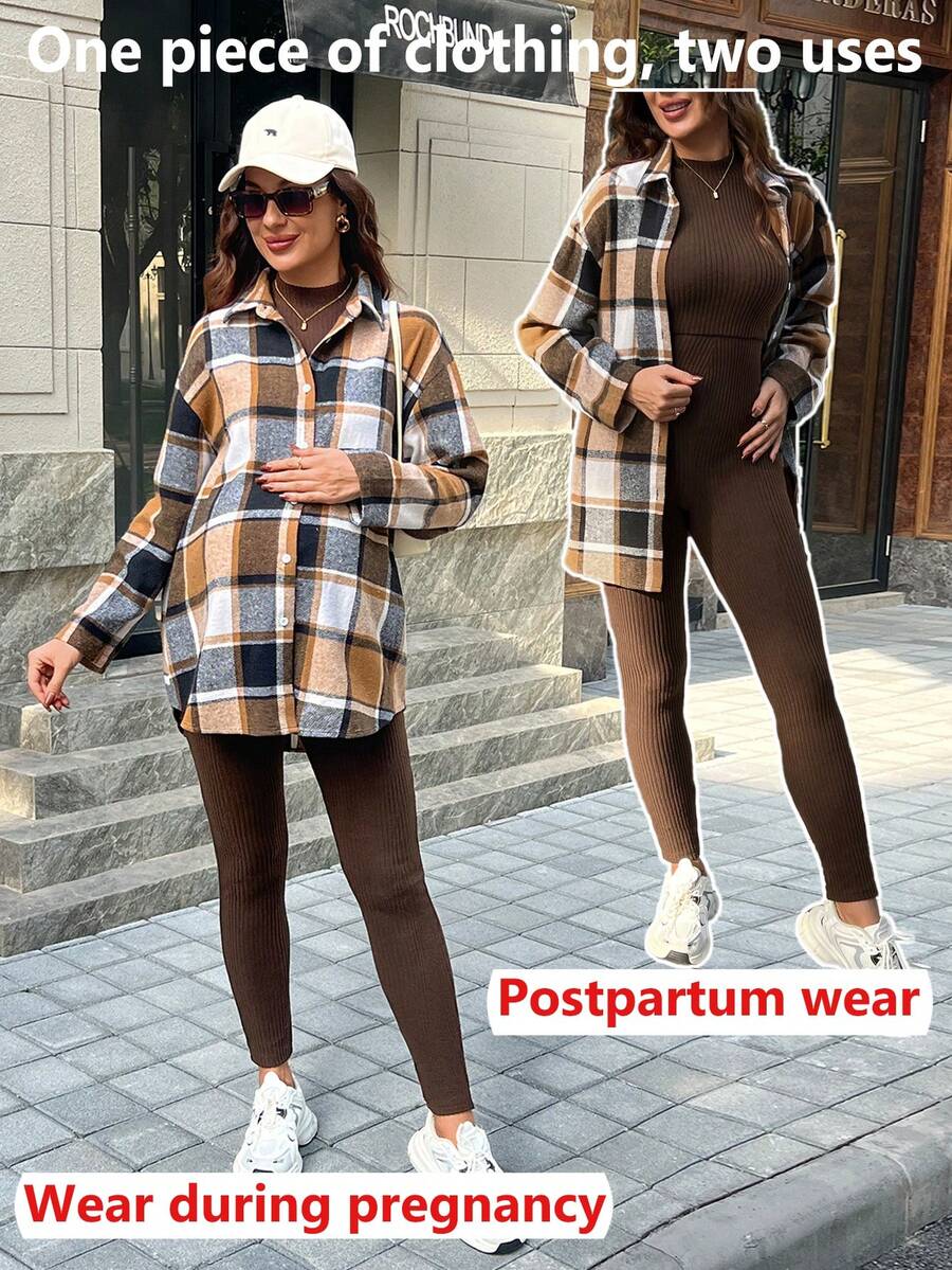 SHEIN Maternity Solid Ribbed Tank Jumpsuit + Plaid Shirt Jacket Two Pieces Set, Spring/Autumn - Brown - View 1