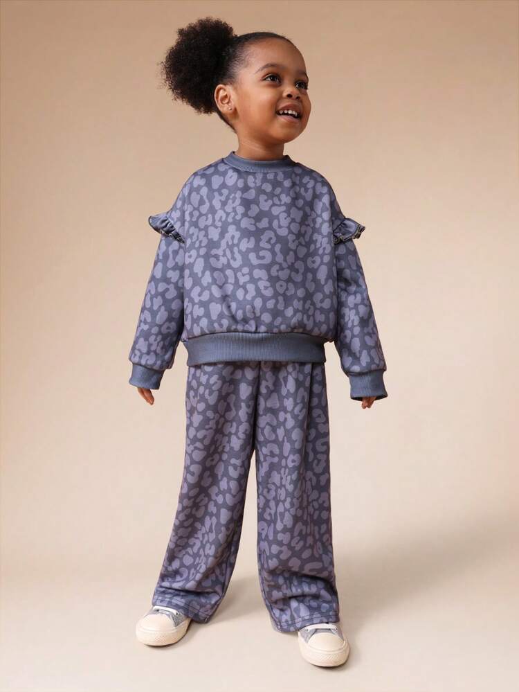 Leopard Print Hoodie And Jogger Set With Ruffle Sleeves