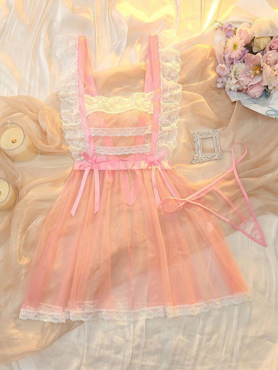 DelicateAllure Lencería de mujer talla grande con encaje de contraste y volantes de malla - Rosa - Ver 1