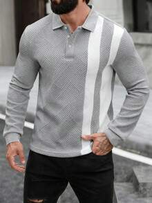 Manfinity Homme 男士长袖条纹休闲通勤 Polo 衫 男士针织衫 男士长袖 Polo 衫 男士纽扣针织 Polo 衫 白色和灰色衬衫 男士橄榄球长袖衫 - 灰色 - 查看 5