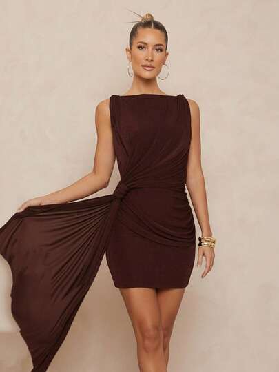 Lumalex Fall Metal Boat Neck Ruched Draped Bodycon Mini Dress Women Luxe Prom Gathering Banquet Modest Old Money Coquette Glitter Holiday Rave Festival Outing Vacation Hot Outdoor Richly Layered Wedding Season Looks Of Gala Night
