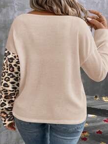 EMERY ROSE Camiseta de manga larga con cuello en V, textura de parche de color contrastante y estampado de cuadros jacquard mini para mujer en otoño/invierno - Multicolor - Ver 2
