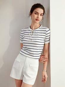 MOTF PREMIUM STRIPED PRINT LACE UP FRONT TEE,GRAPHIC TEE - White - View 9