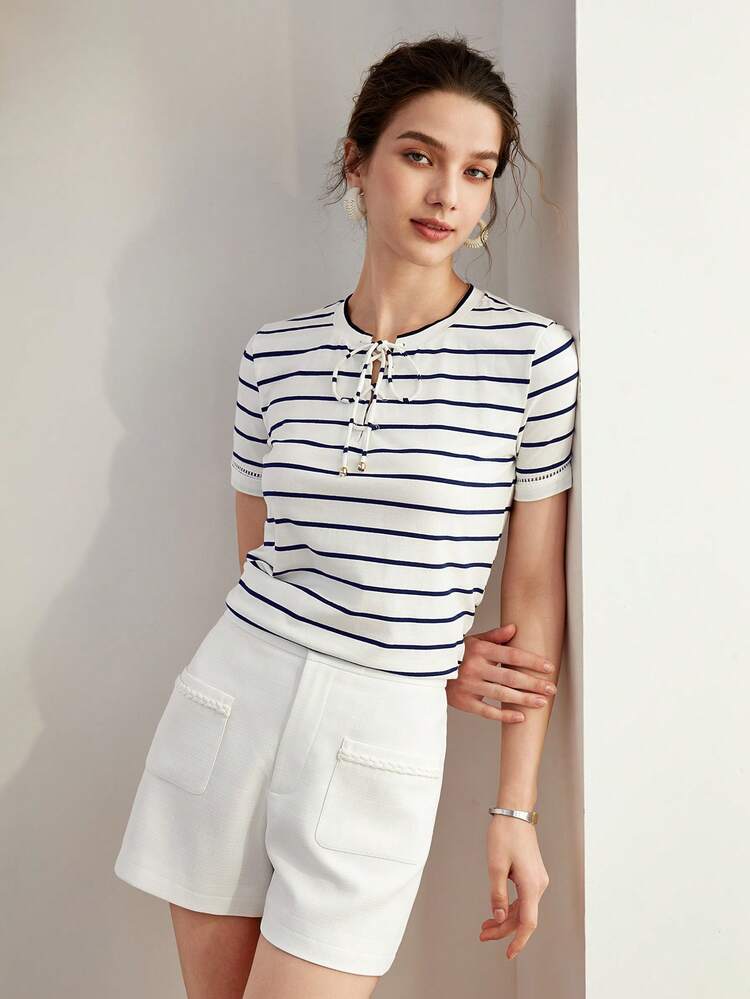 STRIPED PRINT LACE UP FRONT TEE,GRAPHIC TEE
