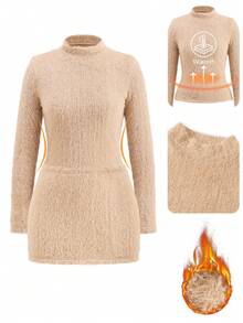 Ellevyn Conjunto de moda cómodo de top de manga larga con cuello alto de unicolor y minifalda de felpa, otoño/invierno - Caqui - Ver 7
