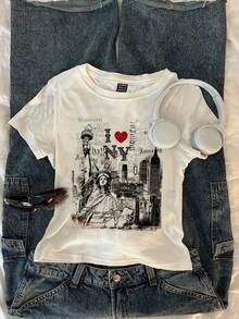Attitoon 复古休闲风“我爱纽约”字母图案T恤，饰有自由女神像、纽约风景和涂鸦印花，圆领短袖修身女款T恤，适合夏季、复古、学院风、百搭、性感、可爱、Y2K、椰子女孩、波西米亚风、嬉皮风、音乐节等风格，也适合秋冬季穿着。 - 白色 - 查看 5