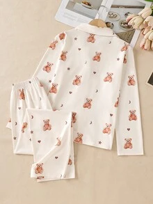 女童杏色小熊图案阻燃睡衣套装（长裤和长袖） - 杏色 - 查看 2