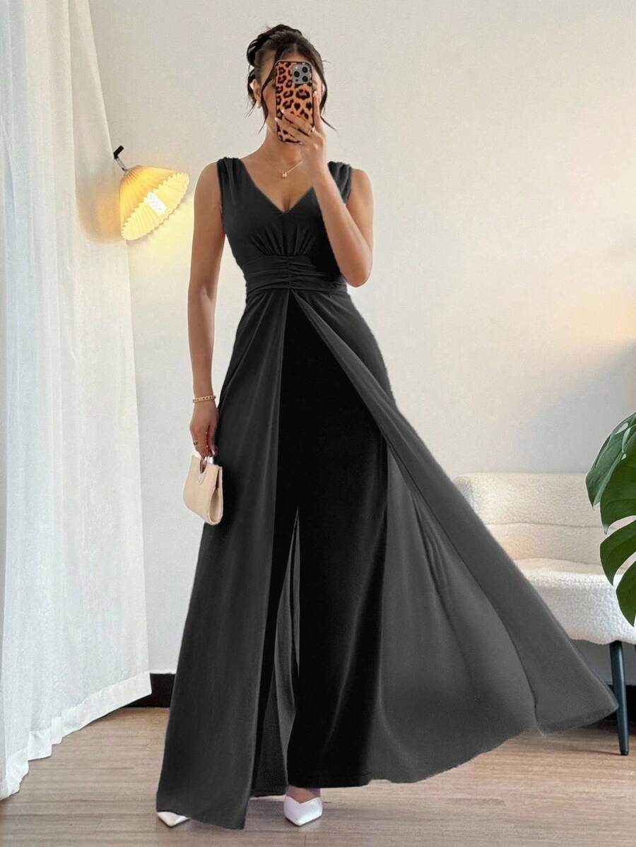 Rafferiza 优雅 V 领褶饰腰部珍珠雪纺阔腿连体裤，适合婚礼宾客着装，紫色 - 黑色 - 查看 1