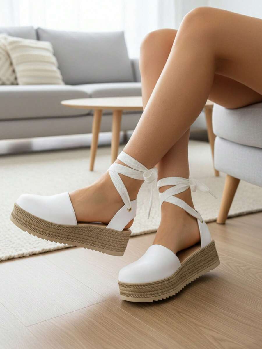 Alpargatas de plataforma con cintas al tobillo - Disponible en rosa, rojo y blanco - Blanco - Ver 1
