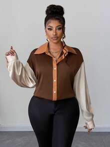 Maweii Plus Size Women's Elegant Colorblock Turndown Collar Long Sleeve Shirt, Sophisticated For Daily Commute - Multicolor - View 4