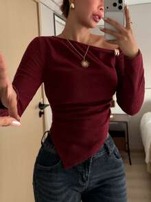 新款酒红色斜肩修身女式T恤 - 酒紅色 - 查看 3