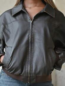Mima John Jaket Kulit PU Motif Salju Vintage Baru Musim Gugur - Coklat - View 4