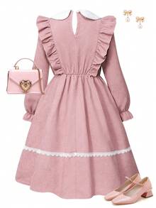 SHEIN 女童珍珠纽扣装饰长袖彼得潘领中长褶皱连衣裙，可爱甜美学院风，时尚百搭，秋冬款 - 粉色 - 查看 2