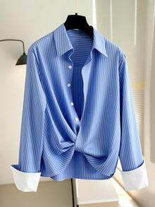 Resyla Multicolor Striped Long Sleeve Polyester Blouse For Women With Stylish Twisted Front And White Cuffs - Multicolor - View 1