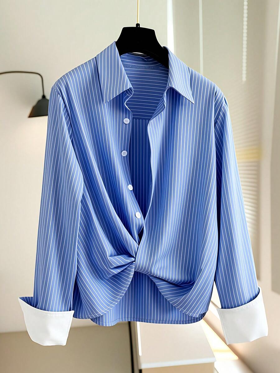 Resyla Multicolor Striped Long Sleeve Polyester Blouse For Women With Stylish Twisted Front And White Cuffs - Multicolor - View 1