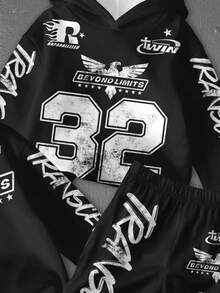 SHEIN Bộ 2 món/Bộ quần áo hoodie dày dặn thoải mái, rộng rãi cho bé trai, phù hợp cho mùa thu/đông, họa tiết chữ và số 32 thời trang đường phố cổ điển, phong cách - Nhiều màu - Xem 5