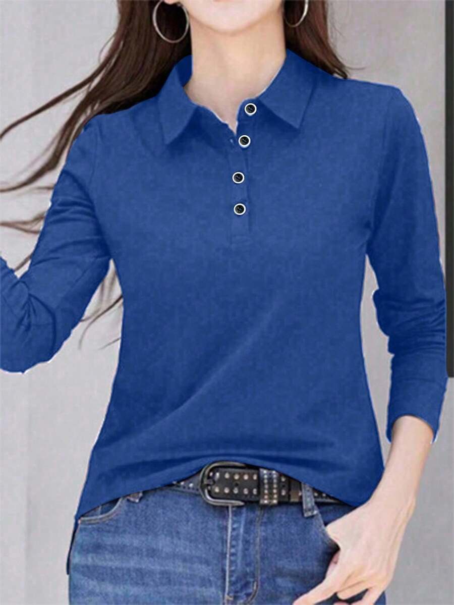 INAWLY Áo thun dài tay trơn màu thường ngày dành cho nữ, đa năng cho mùa thu - Màu xanh lam - Xem 1