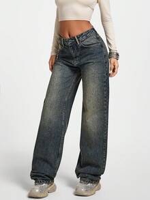 SHEIN Tall TALL LOW WAIST CASUAL STYLE DENIM STRAIGHT - Medium Wash - View 4