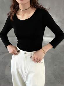 FRIFUL Women's Solid Color Round Neck Long Sleeve Casual Fleece T-Shirt - Black - View 3