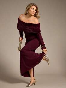 Auralis 大码女式新款优雅仿毛领拼接长袖修身A字连衣裙，适合情人节、音乐会、演出、约会、正式晚宴、盛会、婚礼等场合，性感浪漫的美人鱼款式，生日派对也适用。 - 酒紅色 - 查看 4