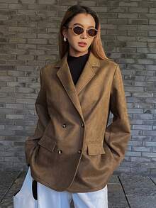 DAZY Women's Solid Color Notched Collar Double-Breasted Fashionable Versatile Blazer - Brown - View 6