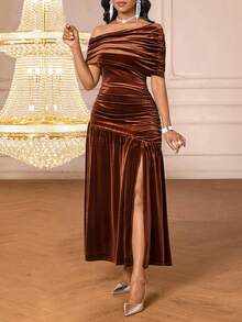 SHEIN Lady Women's Brown Knitted Fitted Asymmetrical Neck Short Sleeve Long Maxi Dress - Brown - View 10