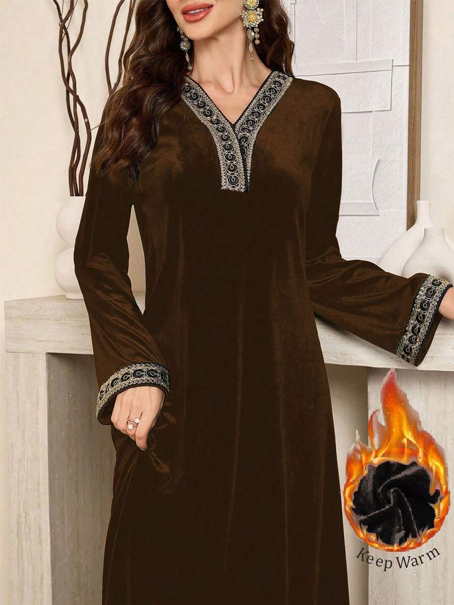 Al Najma 优雅丝绒长袖连衣裙，高品质女神风，2024春秋新款 - 卡其色 - 查看 1