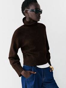 Lumivelle Áo len cổ lọ trơn màu thường ngày dành cho nữ, Thu/Đông - Cà phê nâu - Xem 5