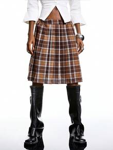 LYSMO Váy xếp ly kẻ caro phong cách tối giản mùa đông 2025 dành cho nữ, kiểu dáng thường ngày, thích hợp cho mùa đông, năm mới, thanh lịch, thường ngày, màu nâu. - màu nâu - Xem 3