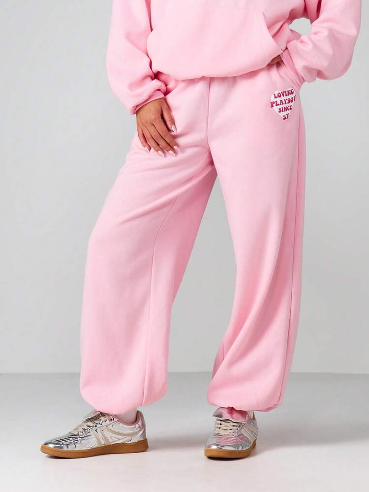 Missguided x Playboy Oversized Heart Graphic Joggers Sweatpants With Side Pockets Casual Lounge Pants Wide Leg Drawstring Waistband Fall Winter Comfort Wear