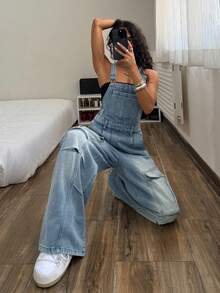 StreetHx Women's Cargo Pocket Wide Leg Loose Casual Denim Bib Overall Jumpsuit - Blue - View 3