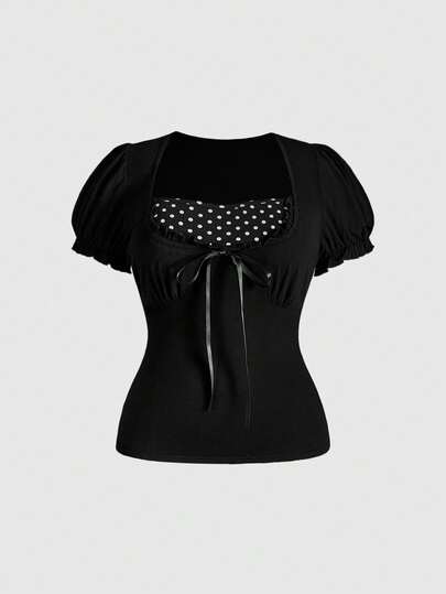 ROMWE Kawaii Plus Size Women Crew Neck Bow Decor Polka Dot Patchwork Contrast Color Slim Fit T-Shirt, Summer Tops