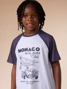 SUMWON Boys Monaco Vintage Car Racing Graphic Short Sleeve Raglan Pajama Set With Crew Neck And Plaid Bottom Casual Vacation - Black - View 5