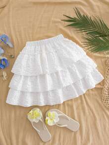 SHEIN 1pc Teen GirlElastic Waist Jacquard 3-Layer Cake Skirt, Pleated Mini Skirt, Spring/Autumn - White - View 8