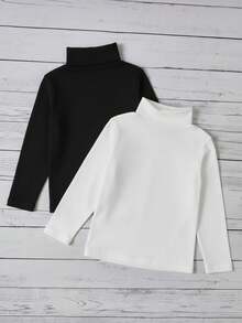 SHEIN 2件/套 男童休闲舒适长袖T恤，冬季服装 - 黑與白 - 查看 2