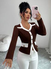 Elenzga Women's Asymmetrical Collar Long Sleeve Blouse,Brown And White Contrast Color Splice Metal Button Pocket Decor Waist Fitted Autumn Elegant Office - Multicolor - View 1