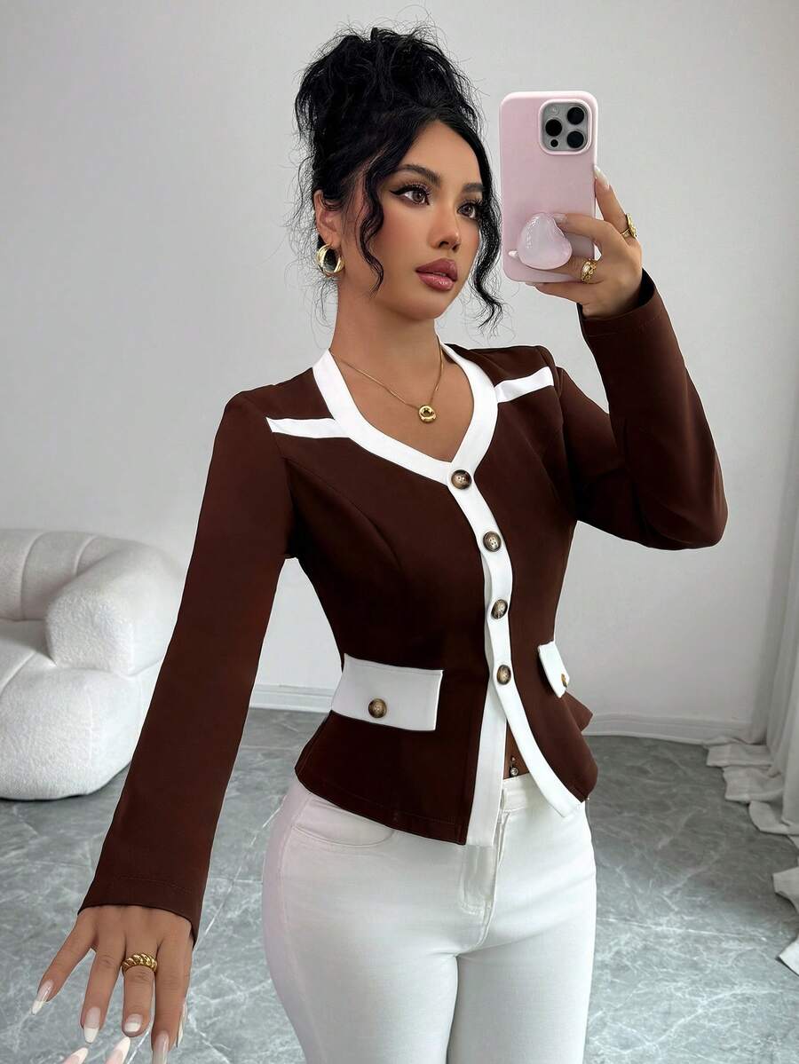 Elenzga Women's Asymmetrical Collar Long Sleeve Blouse,Brown And White Contrast Color Splice Metal Button Pocket Decor Waist Fitted Autumn Elegant Office - Multicolor - View 1