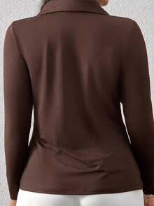 SHEIN Privé Plus Size Women's Casual/Office Commute Simple Solid Color Pleated Fitted Collared Long Sleeve T-Shirt, Spring/Autumn - Chocolate Brown - View 7