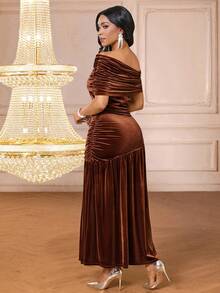 SHEIN Lady Women's Brown Knitted Fitted Asymmetrical Neck Short Sleeve Long Maxi Dress - Brown - View 2