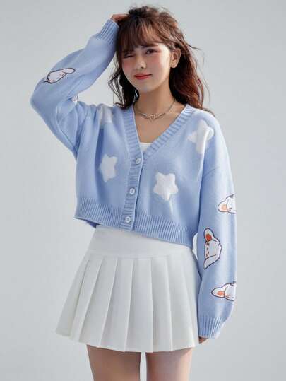 ROMWE Kawaii Sweet Casual Cropped Cute Embroidered Cardigan, School,Long Sleeve Tops