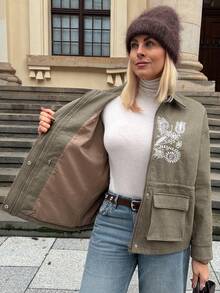 Vivie Lora Women's Loose Fit Military Green Embroidered Utility Jacket Women Coats - Army Green - View 4