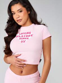 Missguided x Playboy 复古爱心图案插肩袖婴儿T恤和短裤套装两件套复古风露脐短袖上衣夏季家居服 - 粉色 - 查看 5