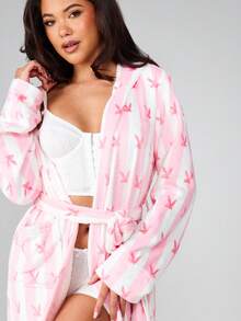 Missguided x Playboy Hooded Long Sleeve Pink Bunny Print All Over Pattern Fleece Robe With Tie Belt Maxi Length Loungewear Sleepwear - Multicolor - View 6