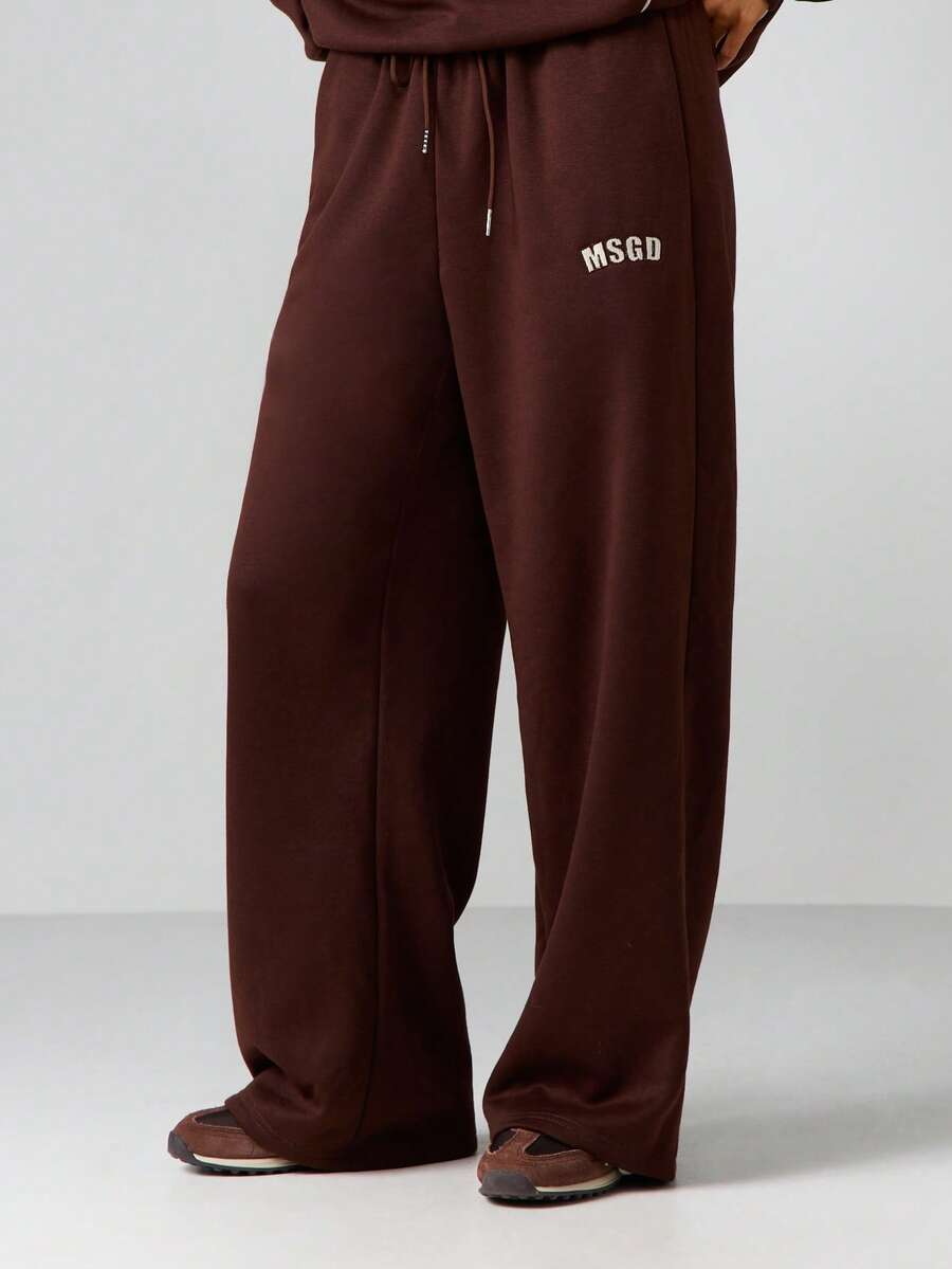MISSGUIDED 撞色细节阔腿运动裤,侧边条纹抽绳腰带,宽松版型慢跑裤,秋冬居家休闲服 - 咖啡棕 - 查看 1