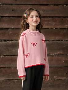 Tween Girl Sweater,Casual Cute Pink Autumn Knitted Short Sweater With Bow Pattern,Soft Comfortable For Wedding Ninang,Daily,Christmas,Back-To-School - Pink - View 5