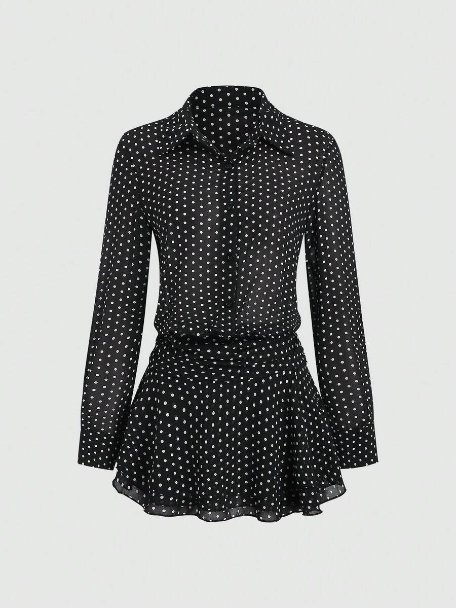 Sweetra Váy sơ mi dài tay cài nút chấm bi xếp nếp xếp tầng thanh lịch mới dành cho nữ - màu đen - Xem 1