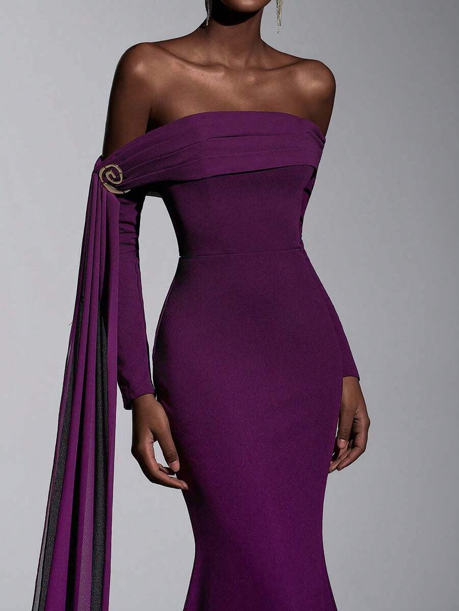 Elitara 优雅的梅紫色雪纺弹力针织露肩长裙，饰有层叠荷叶边，侧边金属装饰纽扣，修身长袖鱼尾裙摆，带拖尾，适合各种正式场合，如婚礼、派对、女士正式晚礼服、情人节等。