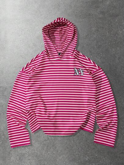 Sudadera con capucha de manga larga casual con rayas y estampado de letras para hombres