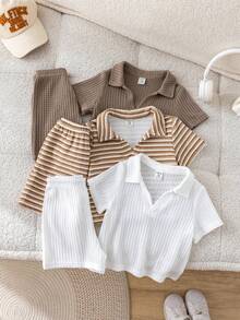 SHEIN 6件套男宝宝夏季可爱休闲条纹polo衫短裤套装，适合生日派对、晚宴、演出、婚礼、迎婴派对、满月庆祝和一周岁生日等场合。 - 彩色 - 查看 1